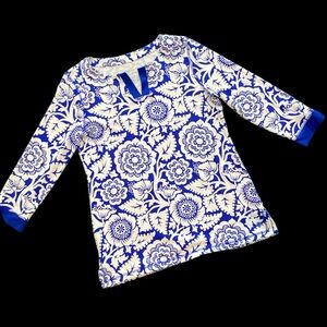 T By Talbots UPF 50 Sun Protection Floral Royal Blue Pique Tunic Top Bamboo